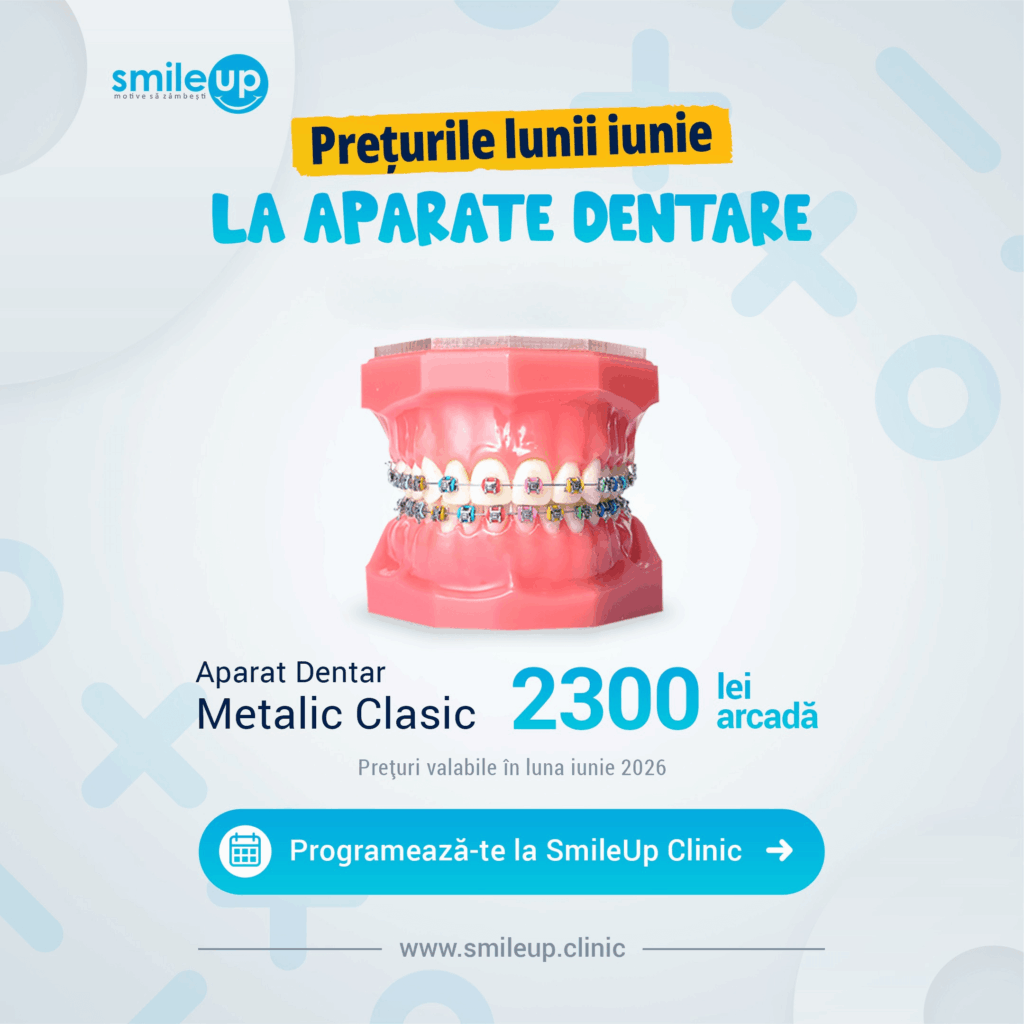 SmileUp Clinic banner featuring a pink dental model with braces and text about June prices for dental appliances (Promotional banner).