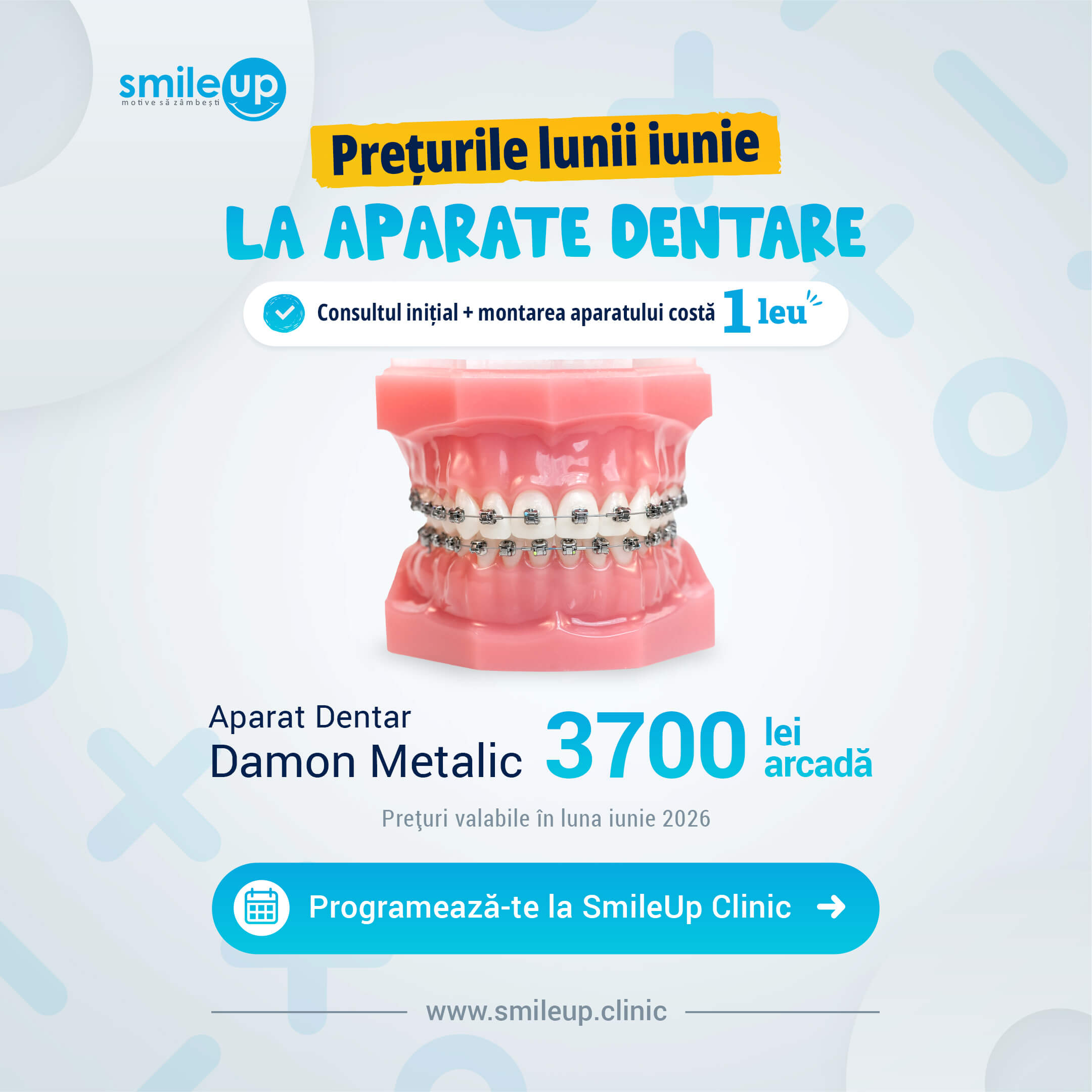 Promo banner for SmileUp Clinic featuring a dental model with braces and June braces prices for promotional content.