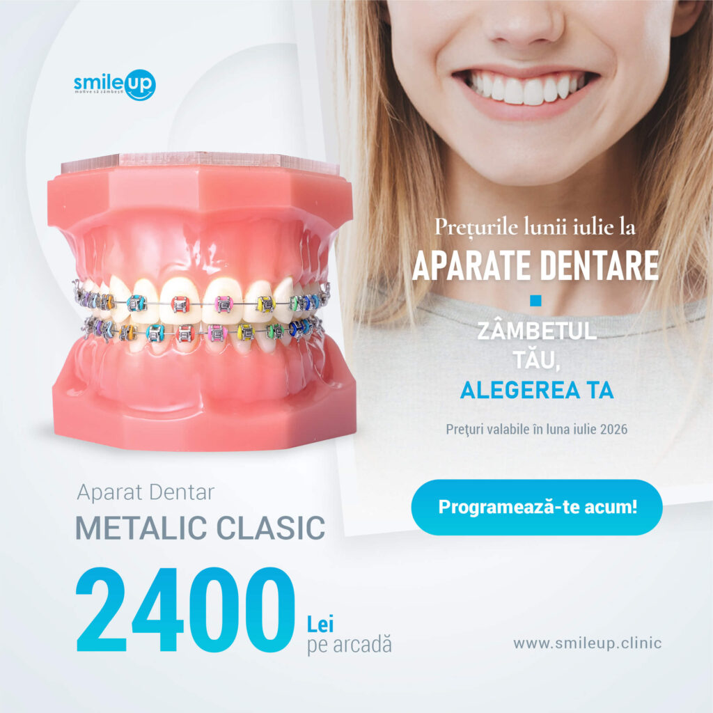 Smiling person with braces next to a pink dental model; Romanian text advertising dental prices and services.