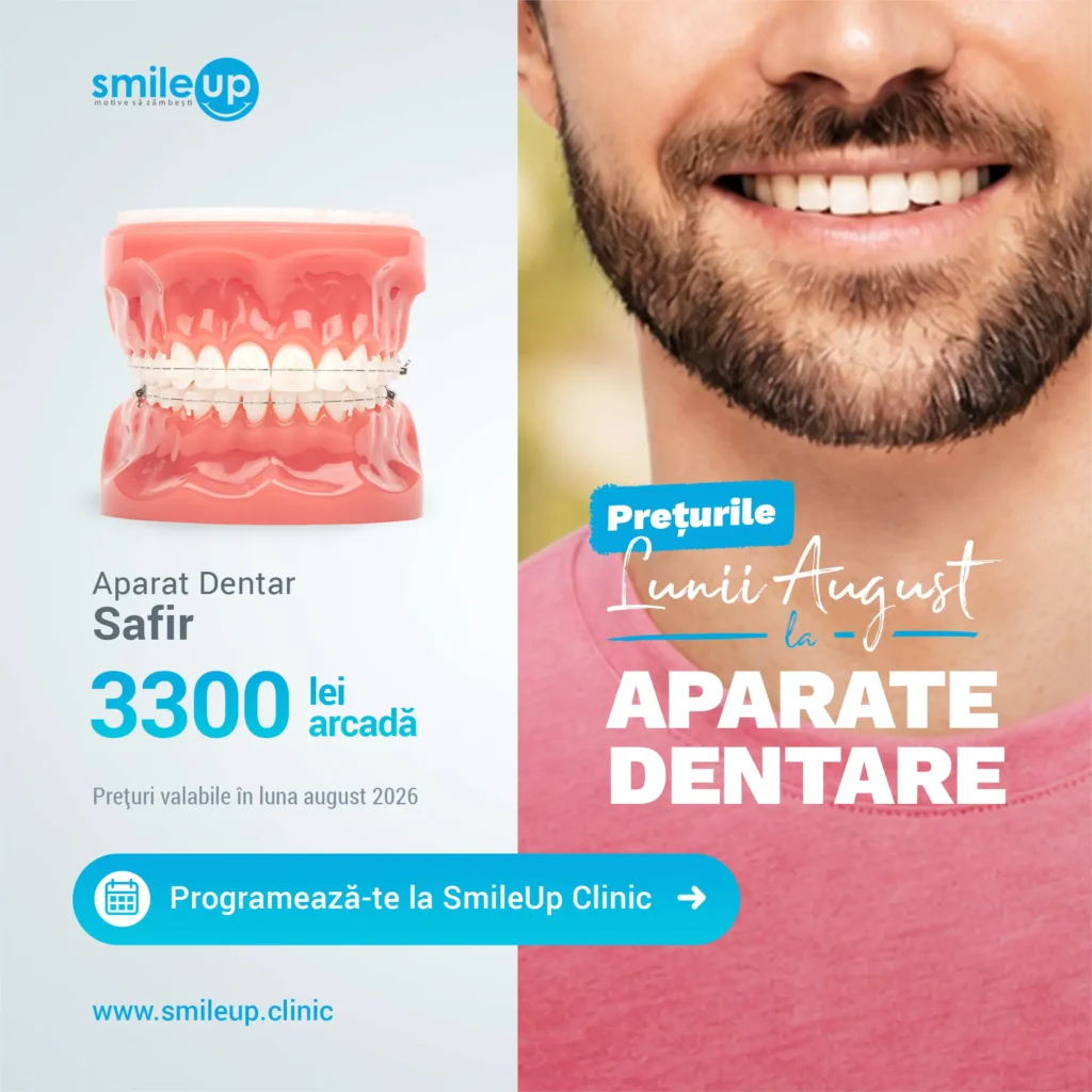 Split-screen ad: left shows a pink dental model with braces and SmileUp logo; right shows a smiling man with a beard.