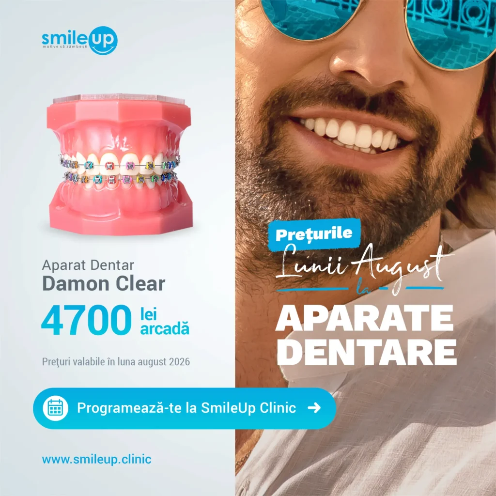 Split collage: left shows a pink dental M odel with colorful braces and Romanian text about dental appliances; right shows a smiling man wearing teal sunglasses; bottom CTA banner in blue saying 'Programarează-te la SmileUp Clinic'.